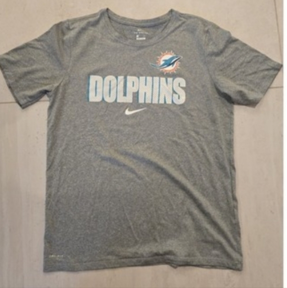 The Nike Tee Dri Fit Miami Dolphins NFL Football Women Short Sleeve Gray Swoosh